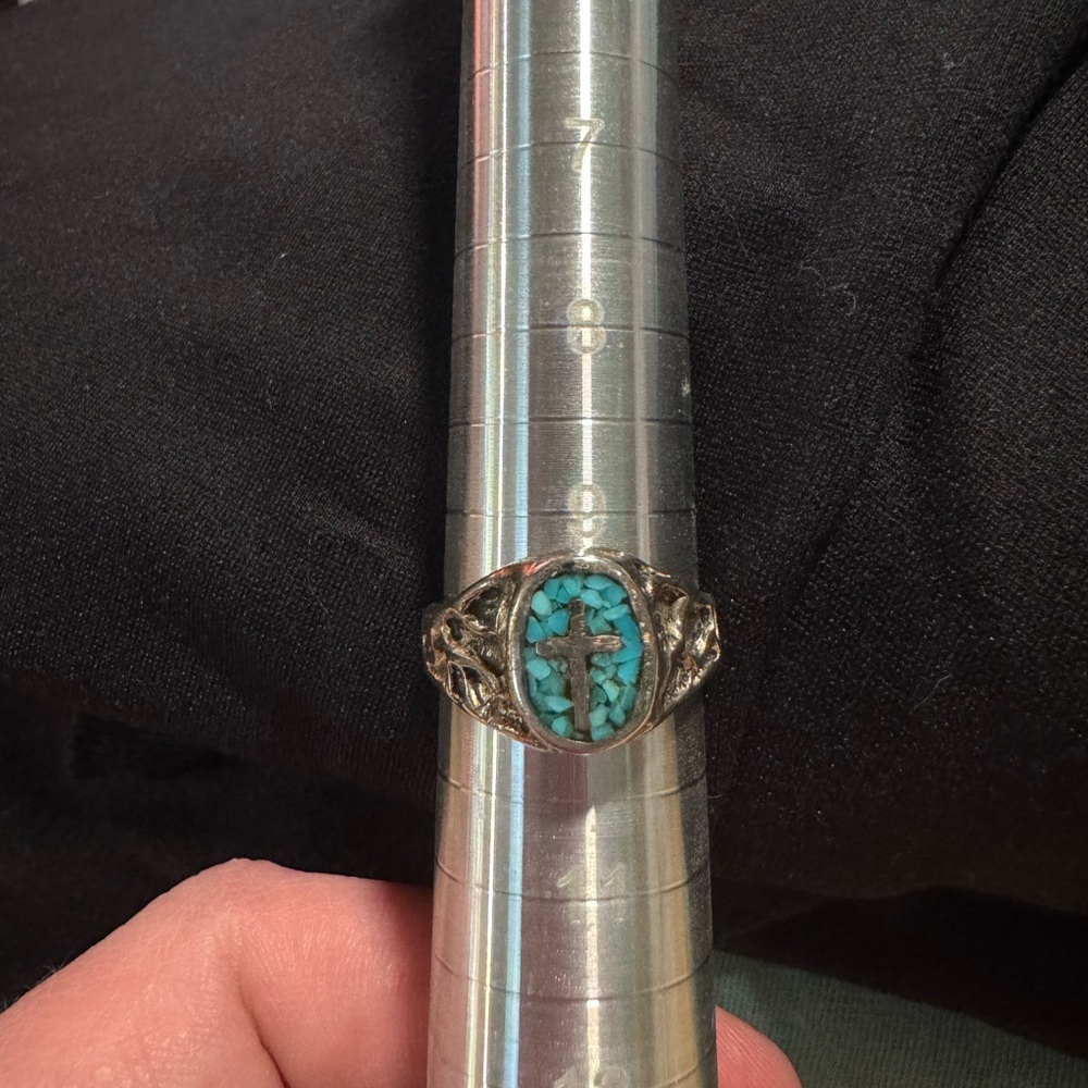 Silver and Turquoise Cross Ring
